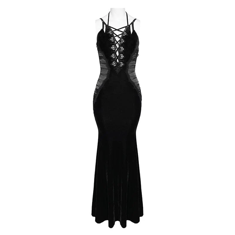 Women's Gothic Plunging Pleated Maxi Dress Wedding Dress Black - Image 7