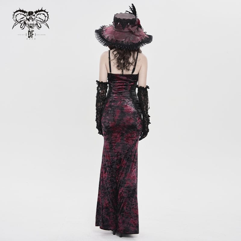 Women's Gothic Plunging Pleated Maxi Dress Wedding Dress Black-Red - Image 5