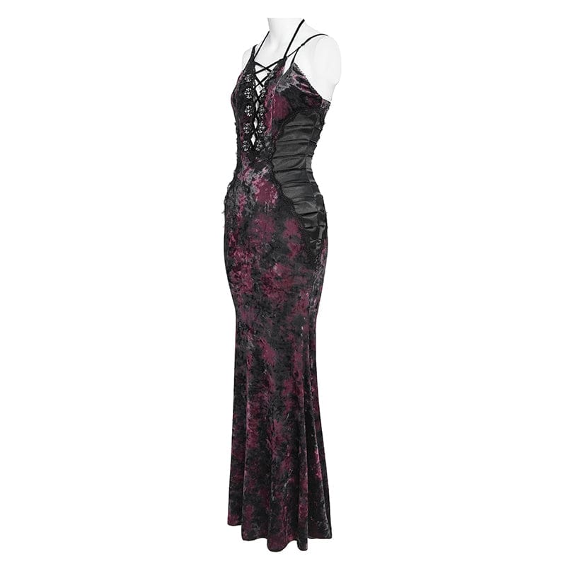 Women's Gothic Plunging Pleated Maxi Dress Wedding Dress Black-Red - Image 7
