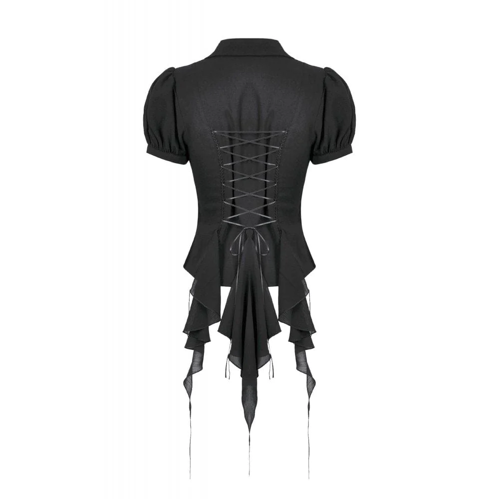 Women's Gothic Plunging Pleated Puff Short Sleeved Blouse - Image 13