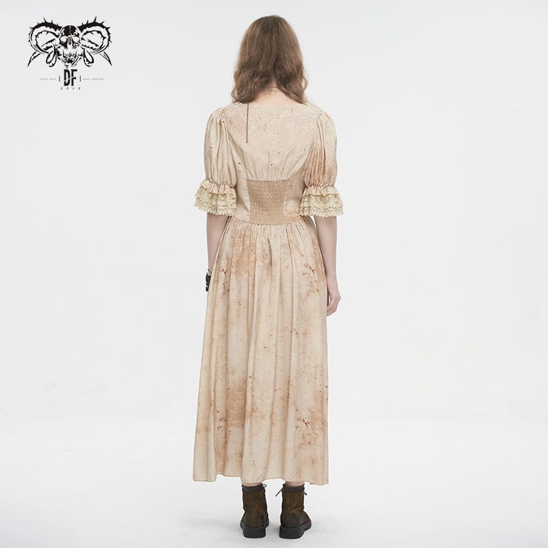 Women's Gothic Plunging Puff Sleeved Lace Hem Dress - Image 5