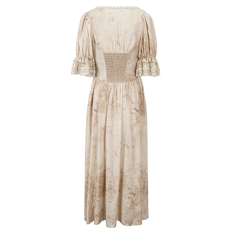 Women's Gothic Plunging Puff Sleeved Lace Hem Dress - Image 8