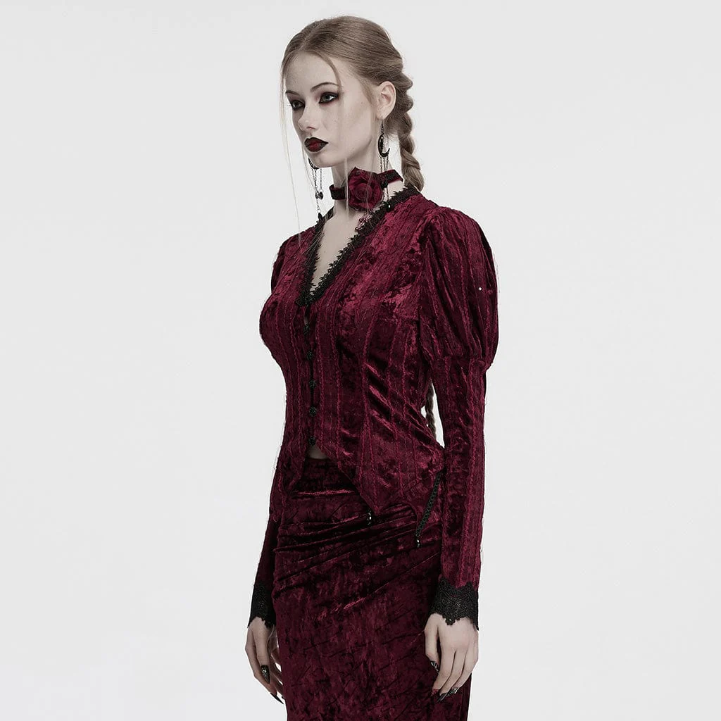 Women's Gothic Plunging Puff Sleeved Velvet Shirt Red - Image 2