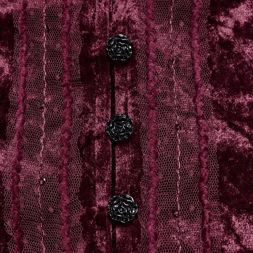 Women's Gothic Plunging Puff Sleeved Velvet Shirt Red - Image 8