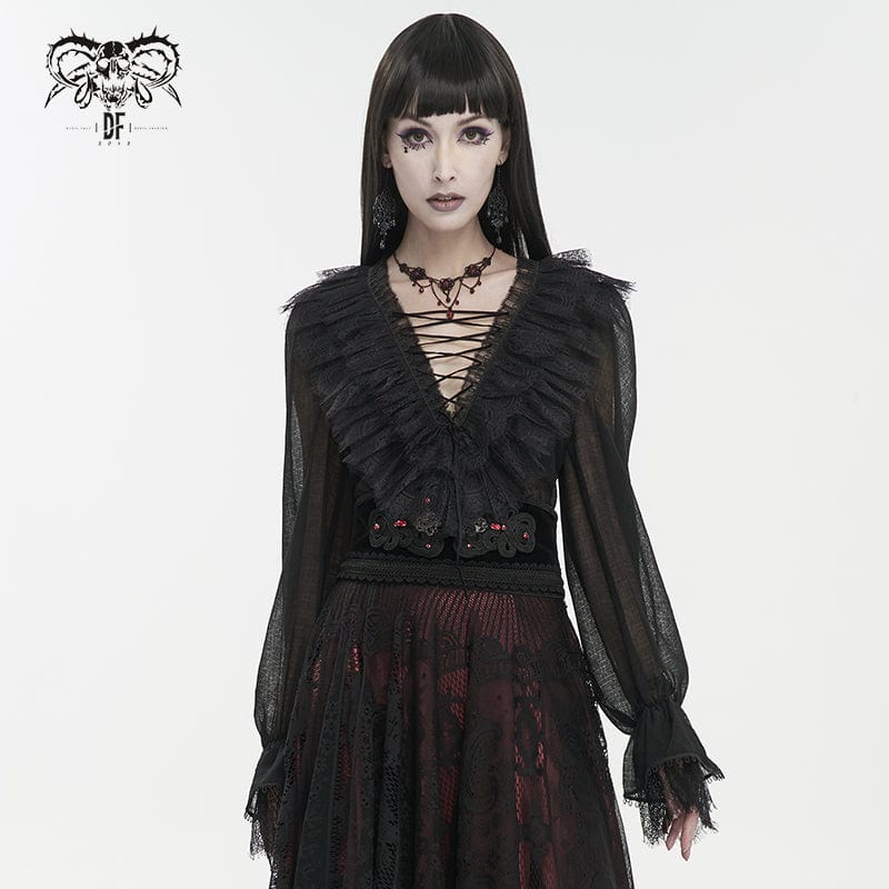 Women's Gothic Plunging Ruffled Sheer Shirt Black