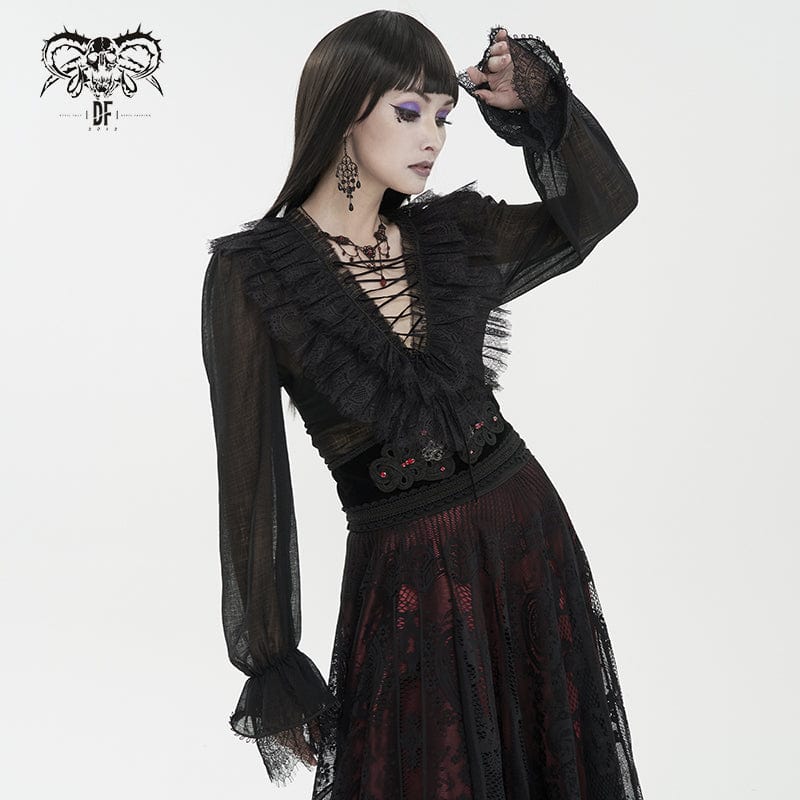 Women's Gothic Plunging Ruffled Sheer Shirt Black - Image 2