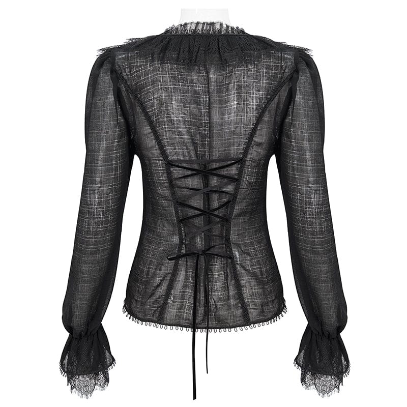Women's Gothic Plunging Ruffled Sheer Shirt Black - Image 9