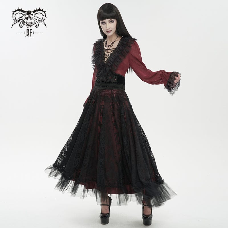Women's Gothic Plunging Ruffled Sheer Shirt Red - Image 5