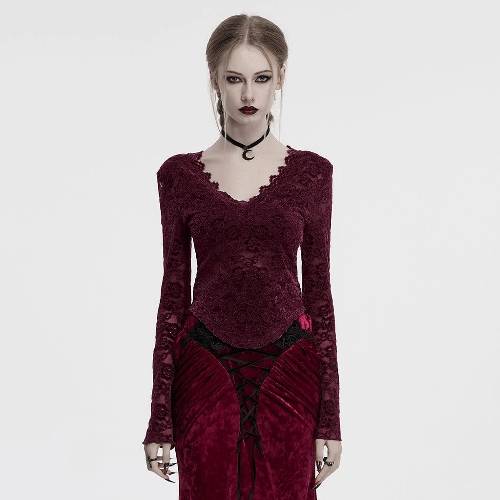 Women's Gothic Plunging Sheer Lace Shirt Red