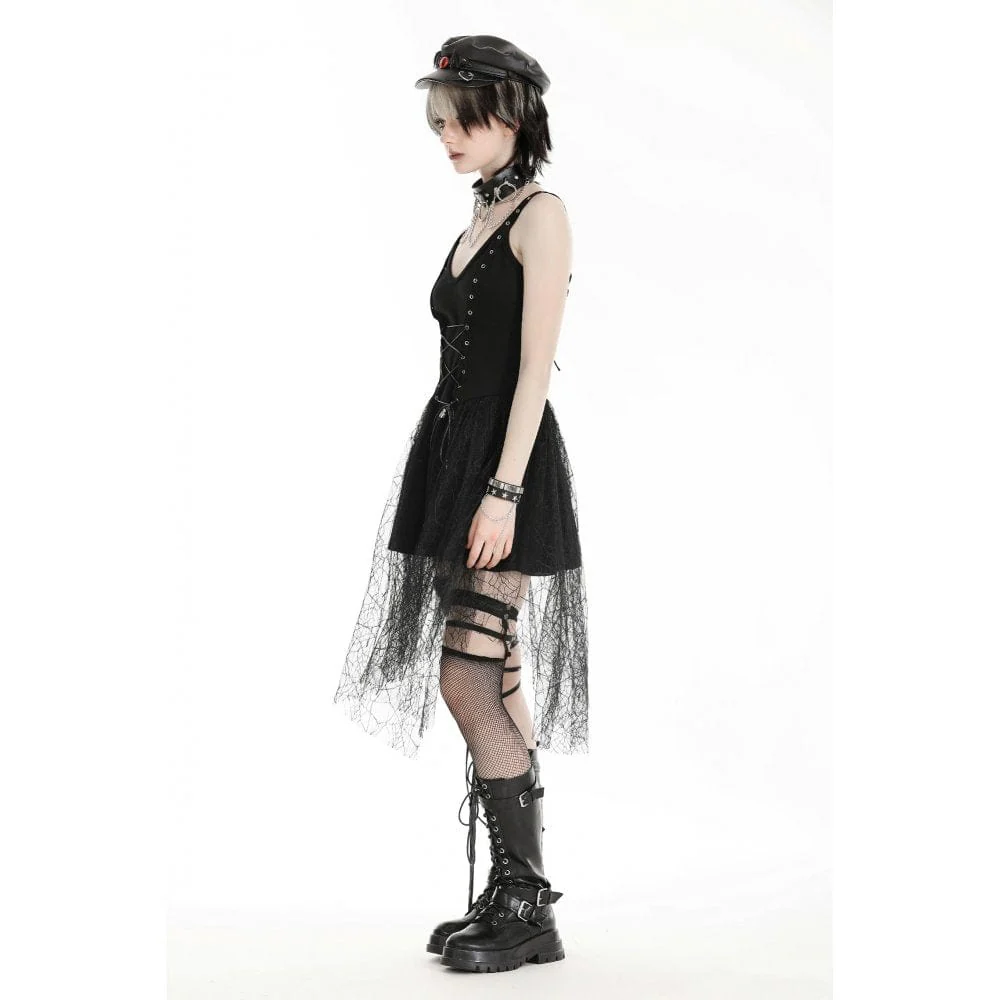 Women's Gothic Plunging Spider Mesh Splice Witch Slip Dress - Image 8