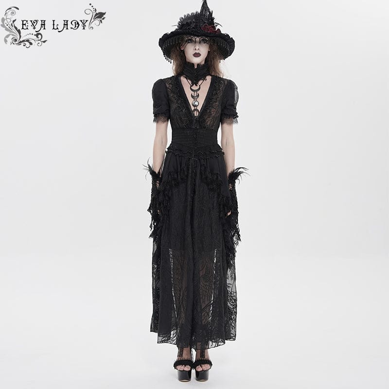 Women's Gothic Plunging Stand Collar Short Sleeved Maxi Dress Wedding Dress Black