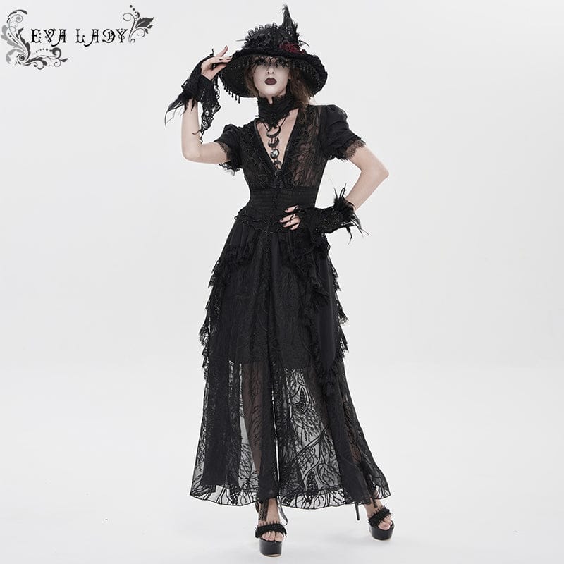 Women's Gothic Plunging Stand Collar Short Sleeved Maxi Dress Wedding Dress Black - Image 2