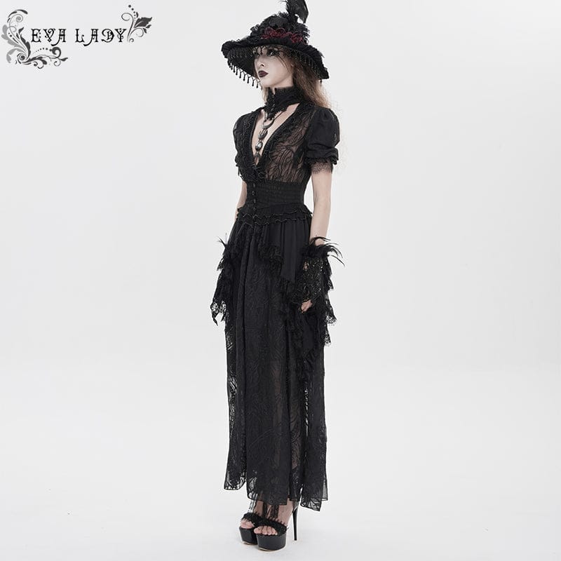 Women's Gothic Plunging Stand Collar Short Sleeved Maxi Dress Wedding Dress Black - Image 3