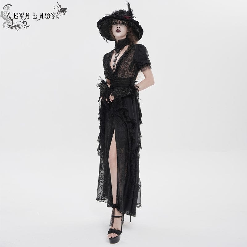 Women's Gothic Plunging Stand Collar Short Sleeved Maxi Dress Wedding Dress Black - Image 4