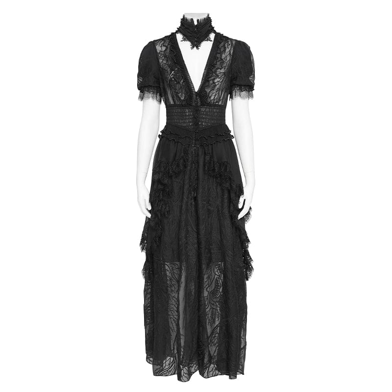 Women's Gothic Plunging Stand Collar Short Sleeved Maxi Dress Wedding Dress Black - Image 7
