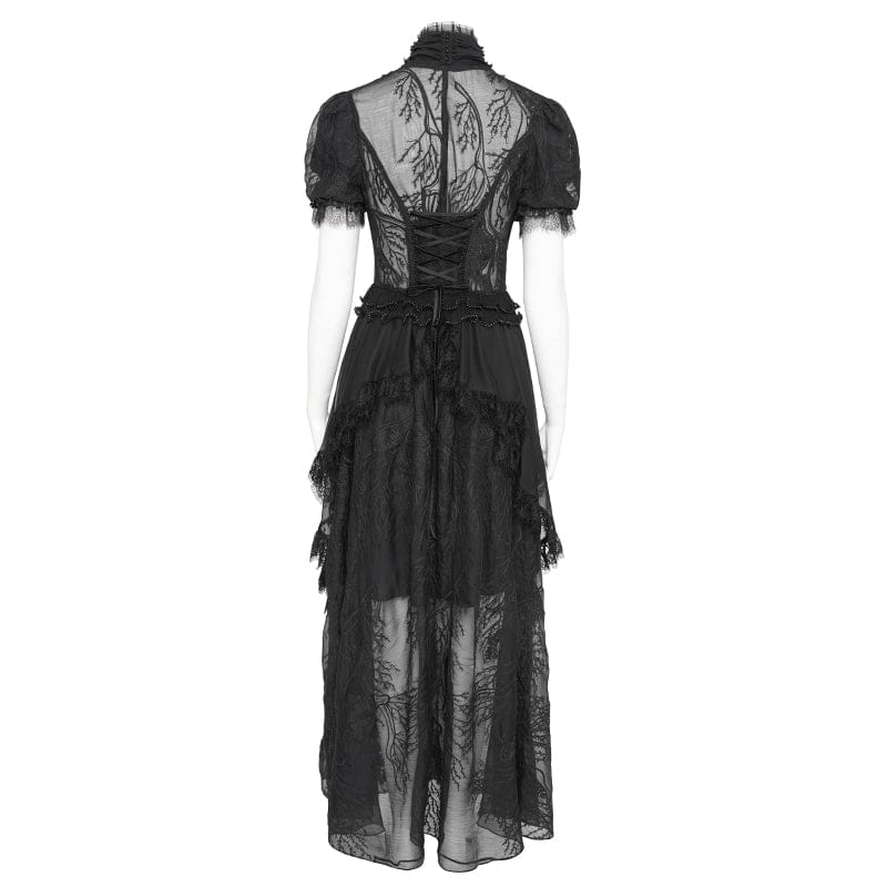 Women's Gothic Plunging Stand Collar Short Sleeved Maxi Dress Wedding Dress Black - Image 9