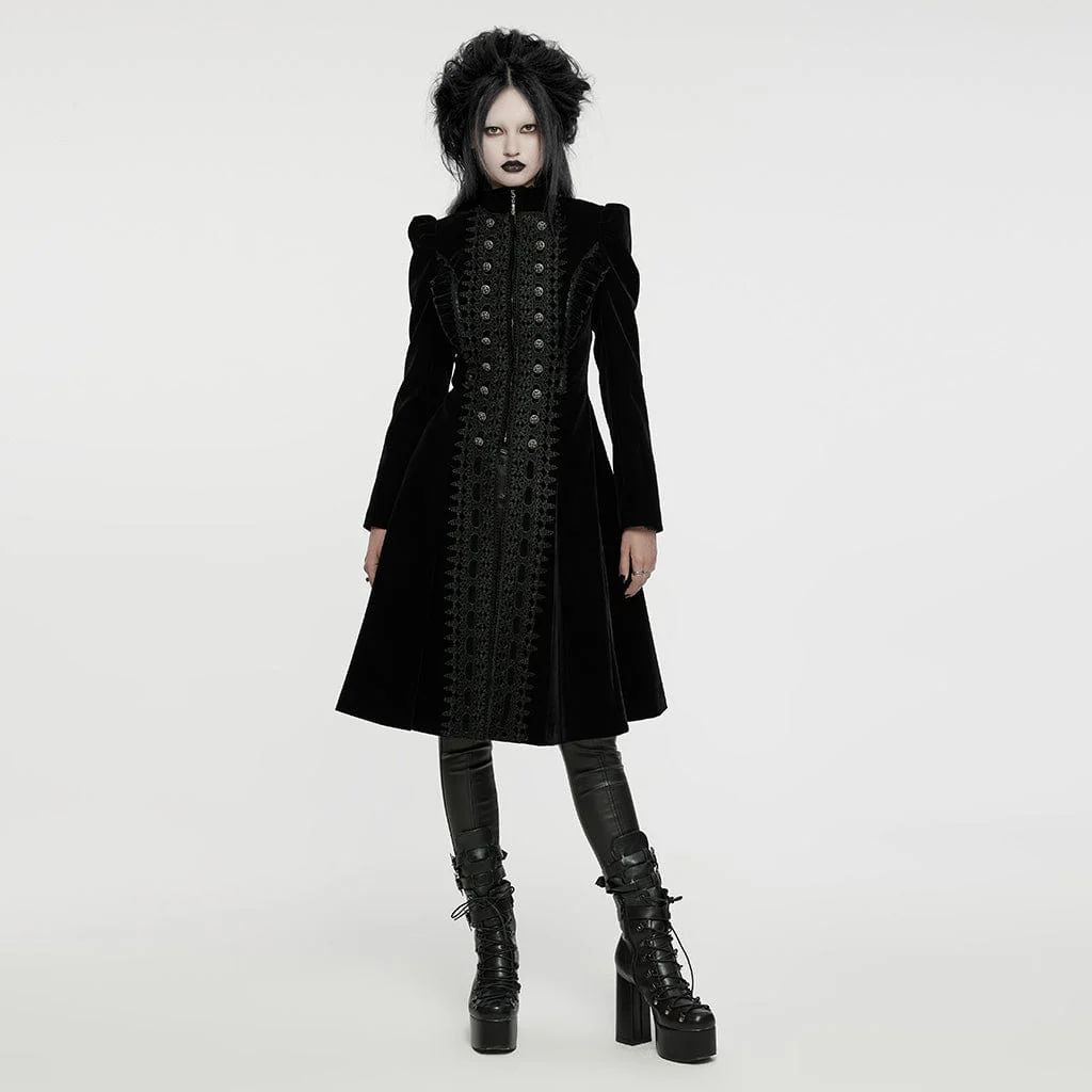 Women's Gothic Puff Sleeved Floral Embroidered Coat Black - Image 4