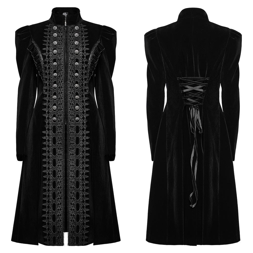 Women's Gothic Puff Sleeved Floral Embroidered Coat Black - Image 5