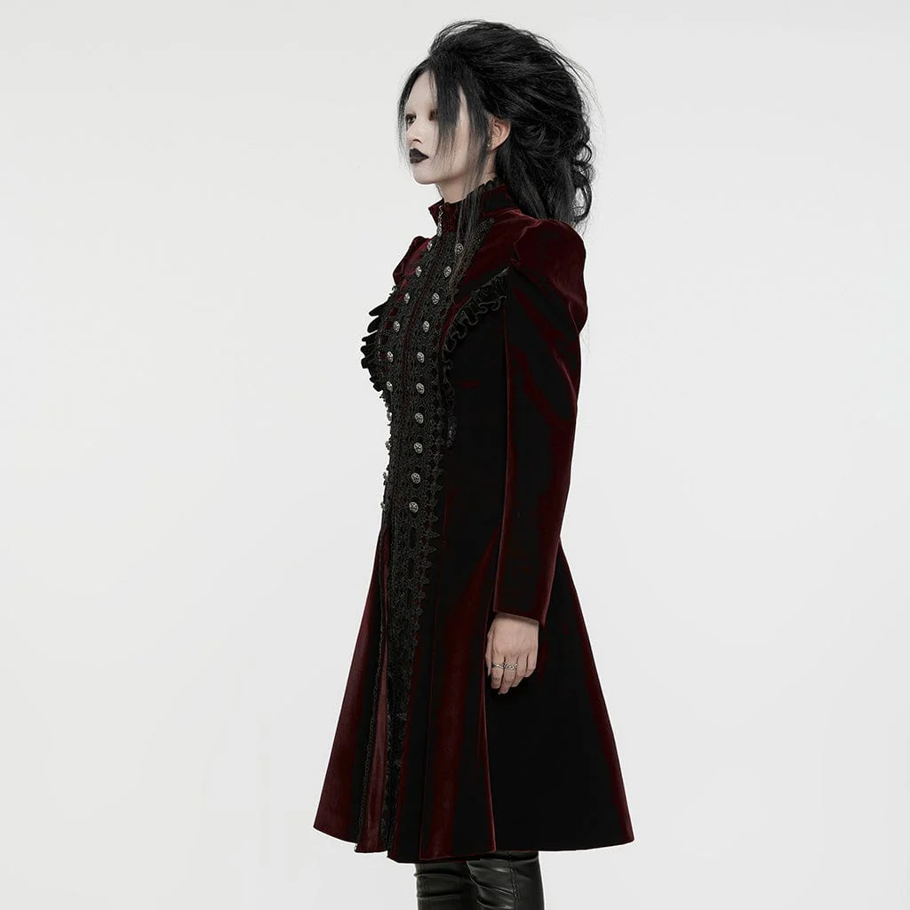 Women's Gothic Puff Sleeved Floral Embroidered Coat Red - Image 2