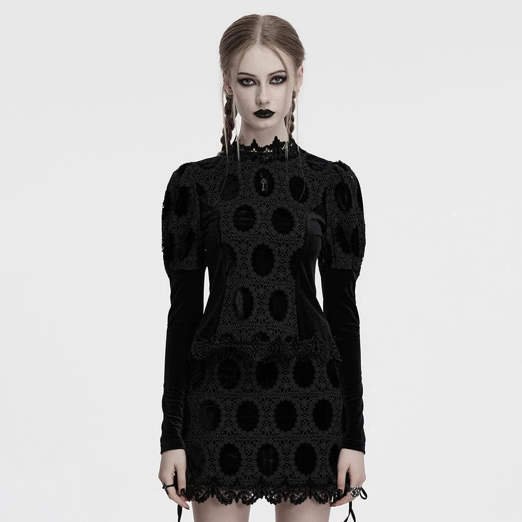 Women's Gothic Puff Sleeved Floral Embroidered Velvet Shirt Black