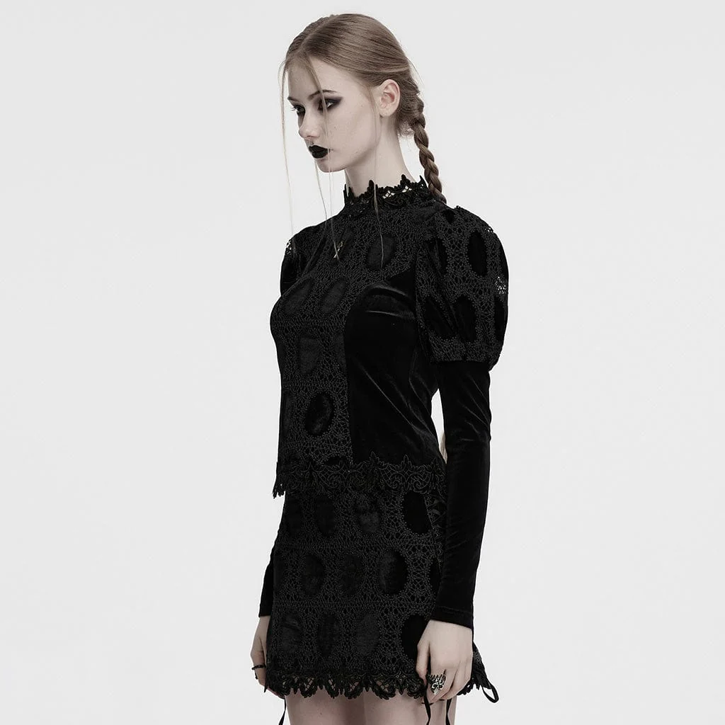 Women's Gothic Puff Sleeved Floral Embroidered Velvet Shirt Black - Image 2