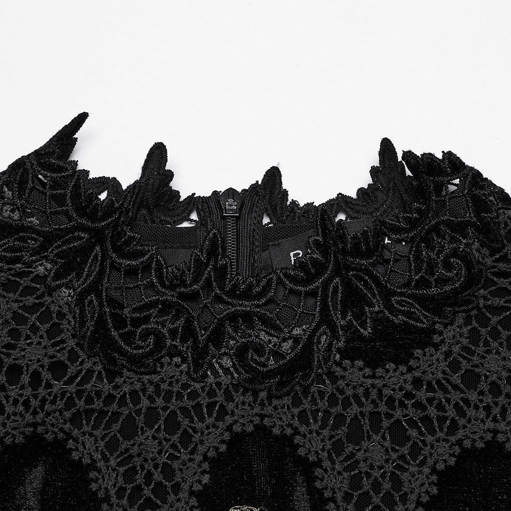 Women's Gothic Puff Sleeved Floral Embroidered Velvet Shirt Black - Image 6