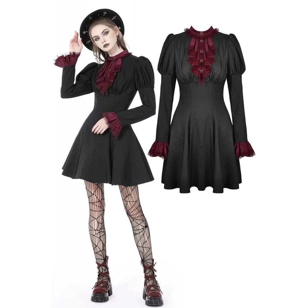 Women's Gothic Puff Sleeved Frilly Necktie Dress Graduation Dress