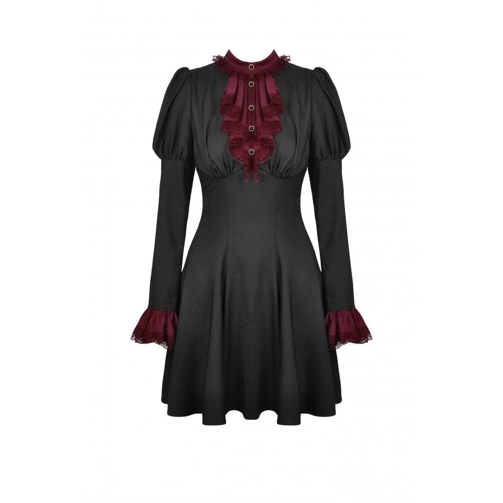 Women's Gothic Puff Sleeved Frilly Necktie Dress Graduation Dress - Image 6