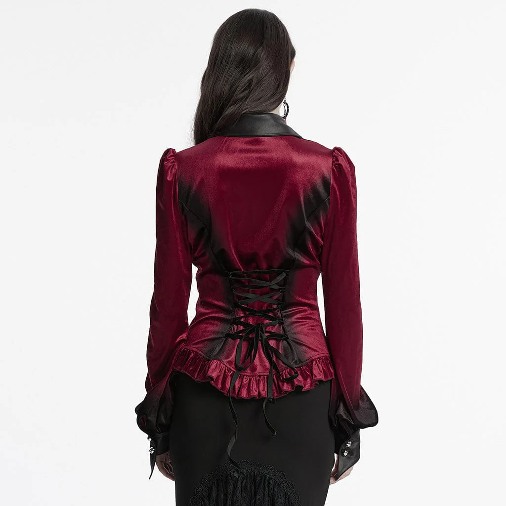 Women's Gothic Puff Sleeved Gradient Velvet Shirt Red - Image 3