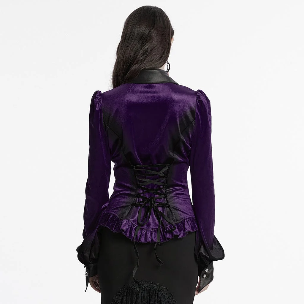 Women's Gothic Puff Sleeved Gradient Velvet Shirt Violet - Image 3