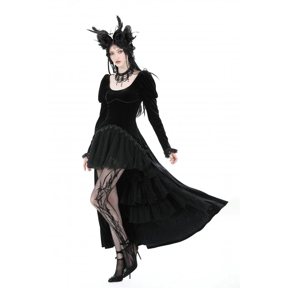 Women's Gothic Puff Sleeved High-low Velvet Wedding Dress - Image 3