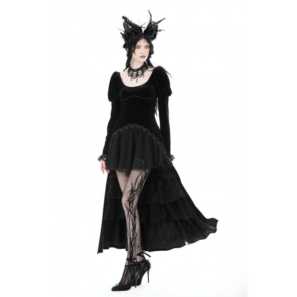 Women's Gothic Puff Sleeved High-low Velvet Wedding Dress - Image 4