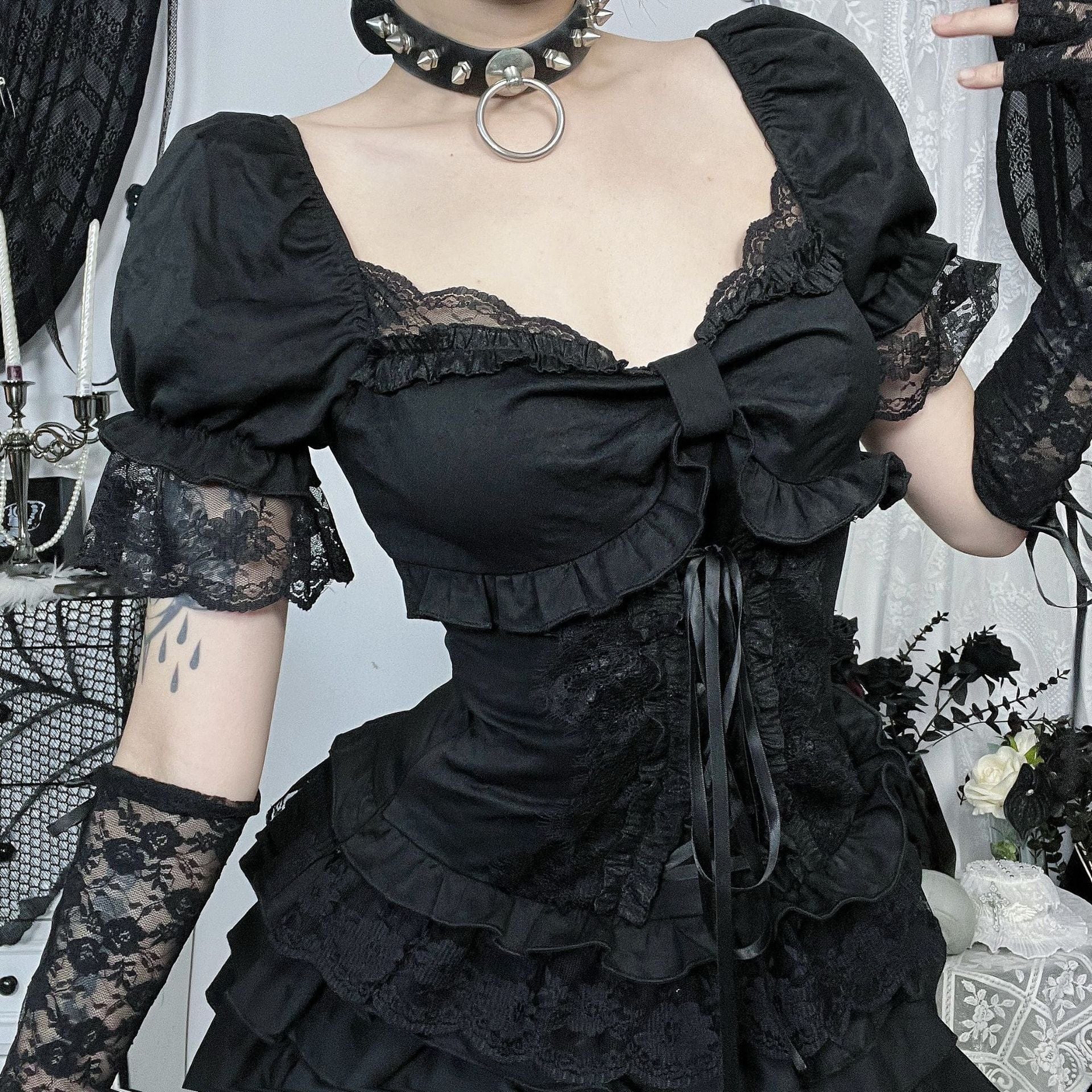 Women's Gothic Puff Sleeved Lace Hem Lace-up Shirt - Image 2