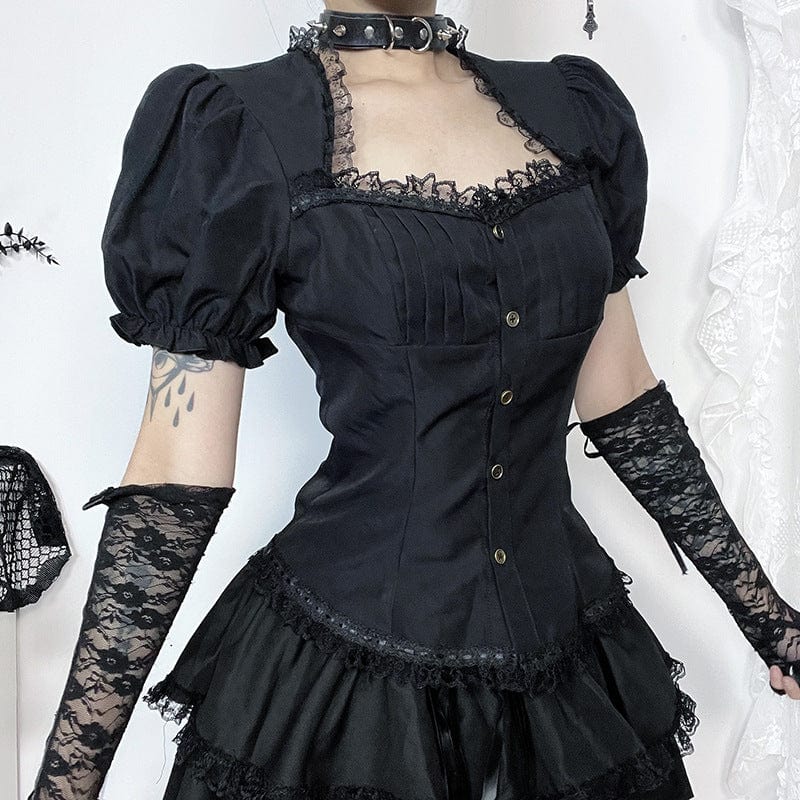 Women's Gothic Puff Sleeved Lace Hem Shirt - Image 2