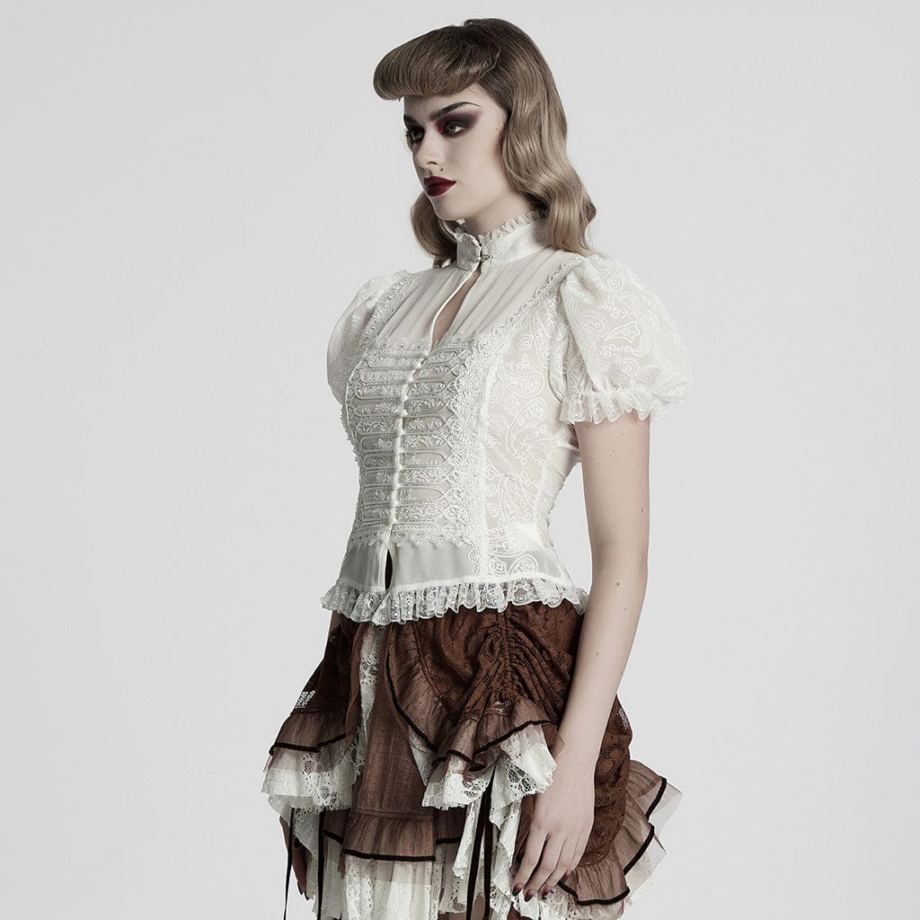 Women's Gothic Puff Sleeved Lace Hem Shirt - Image 2