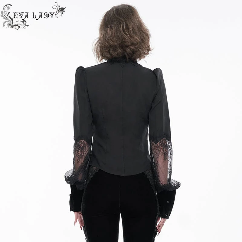 Women's Gothic Puff Sleeved Lace Shirt with Bow Tie - Image 3