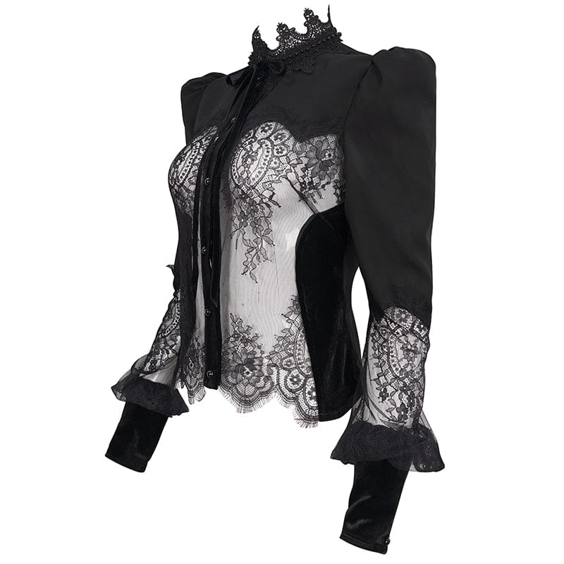 Women's Gothic Puff Sleeved Lace Shirt with Bow Tie - Image 6