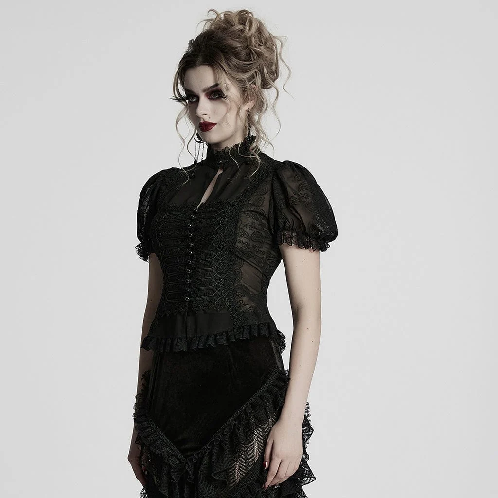 Women's Gothic Puff Sleeved Lace Splice Chiffon Shirt - Image 2