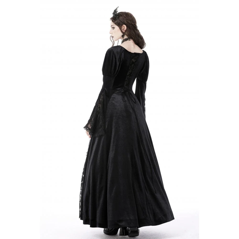 Women's Gothic Puff Sleeved Lace Splice Velvet Wedding Dress - Image 7
