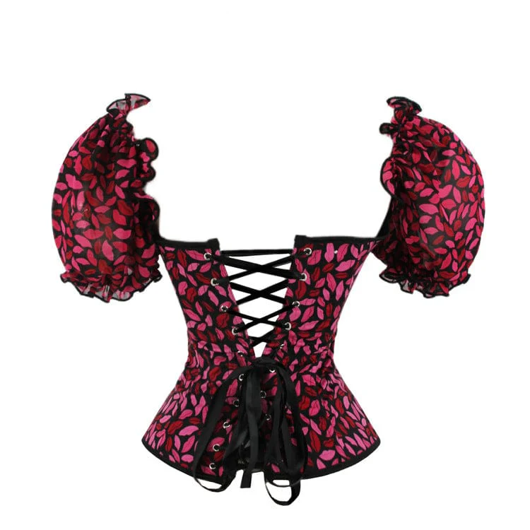Women's Gothic Puff Sleeved Lips Printed Overbust Corset - Image 3