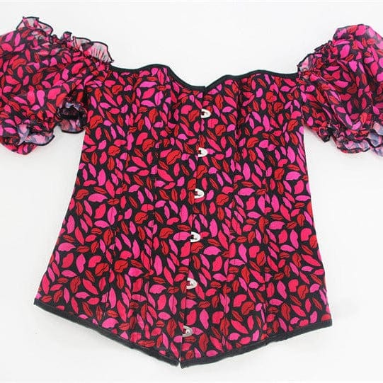 Women's Gothic Puff Sleeved Lips Printed Overbust Corset - Image 4