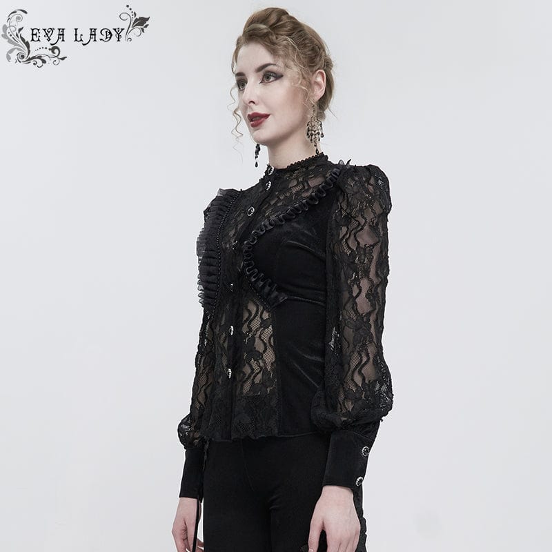 Women's Gothic Puff Sleeved Ruffled Lace Shirt - Image 2
