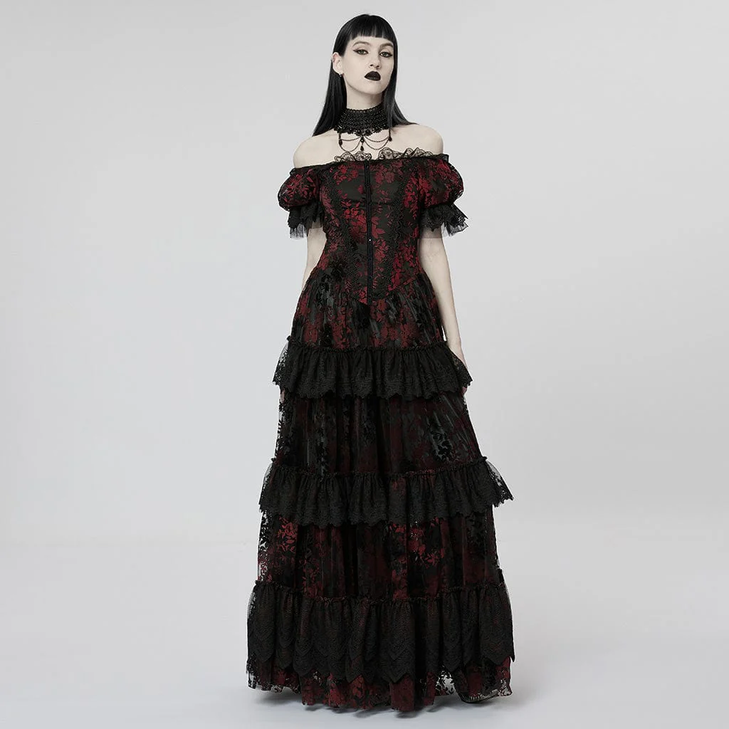 Women's Gothic Puff Sleeved Ruffles Lace Wedding Dress - Image 6