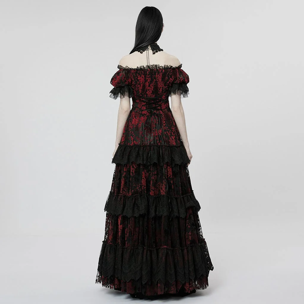 Women's Gothic Puff Sleeved Ruffles Lace Wedding Dress - Image 8