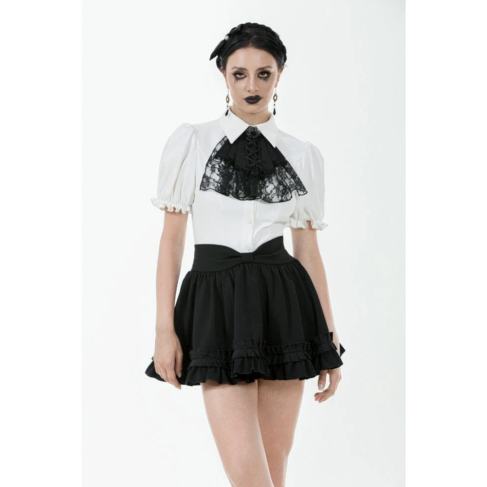 Women's Gothic Puff Sleeved Short Sleeved Shirt with Lace Bow Tie - Image 2