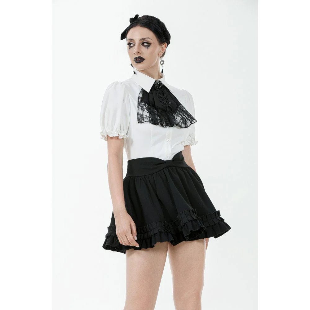 Women's Gothic Puff Sleeved Short Sleeved Shirt with Lace Bow Tie - Image 3