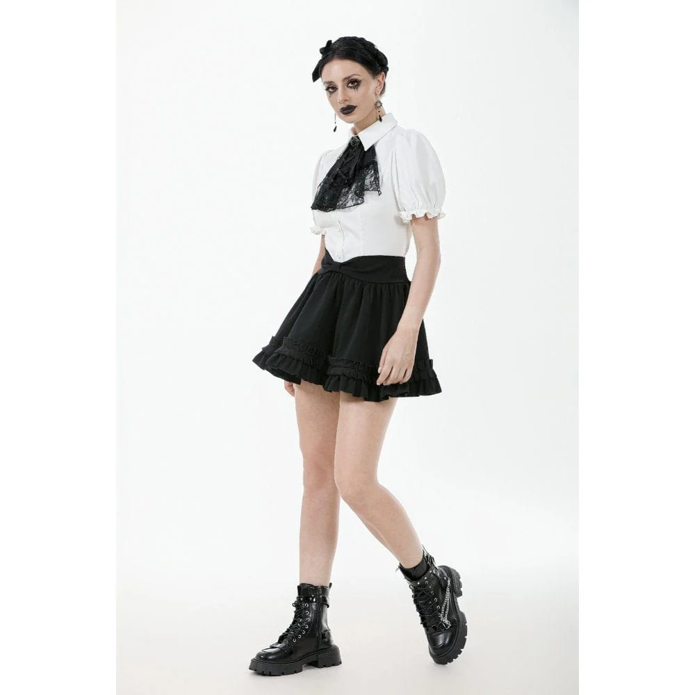 Women's Gothic Puff Sleeved Short Sleeved Shirt with Lace Bow Tie - Image 6