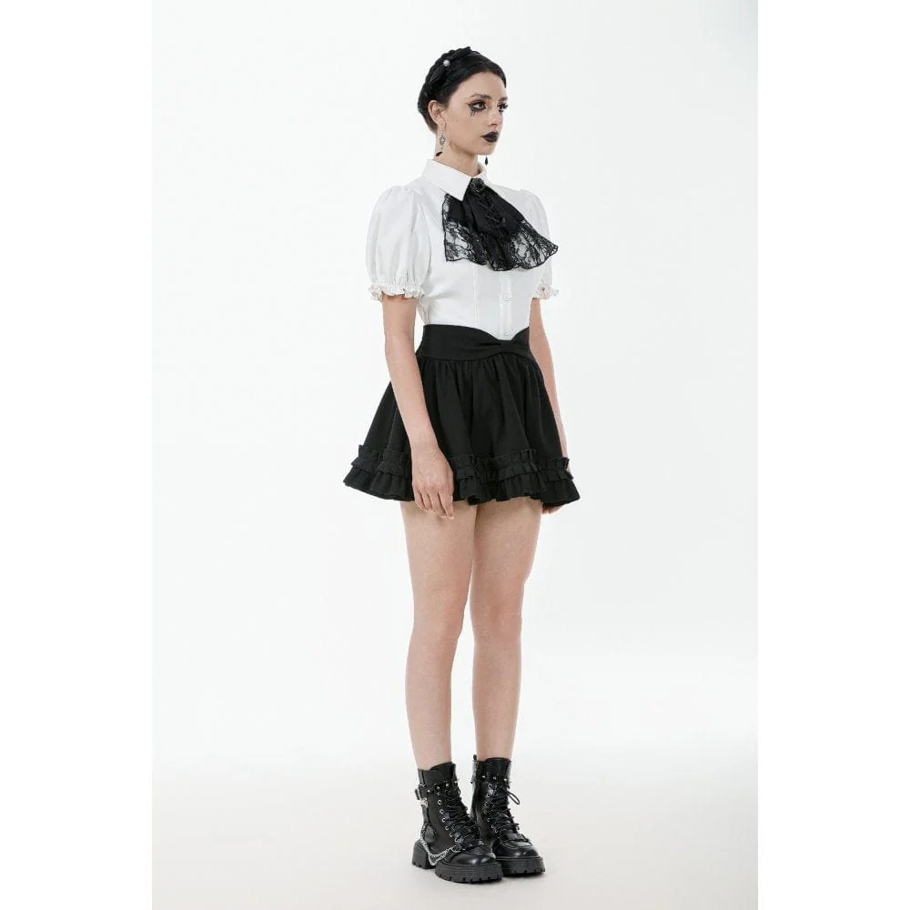 Women's Gothic Puff Sleeved Short Sleeved Shirt with Lace Bow Tie - Image 7