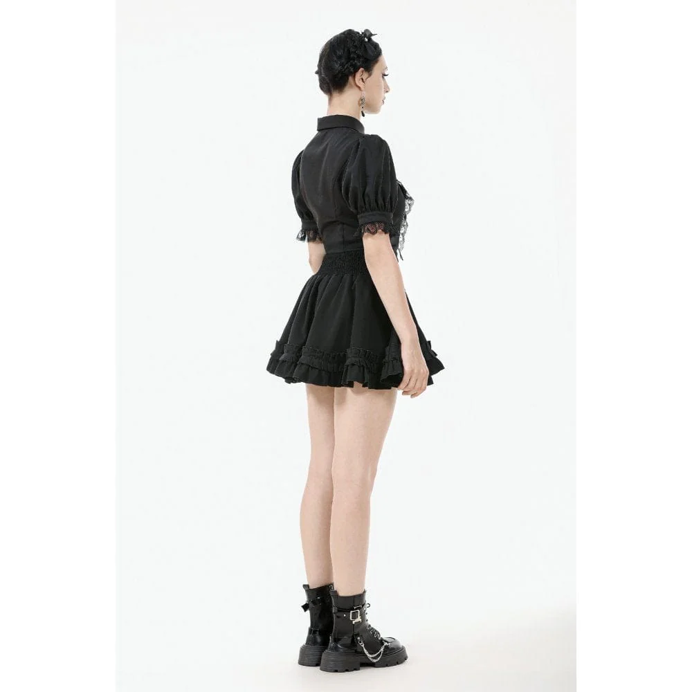Women's Gothic Puff Sleeved Short Sleeved Shirt with Lace Tie - Image 12
