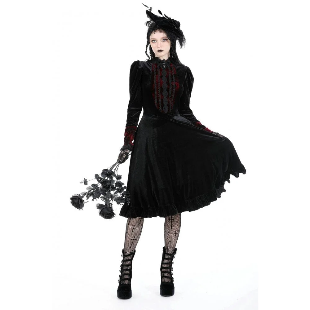 Women's Gothic Puff Sleeved Stand Collar Velvet Dress - Image 3
